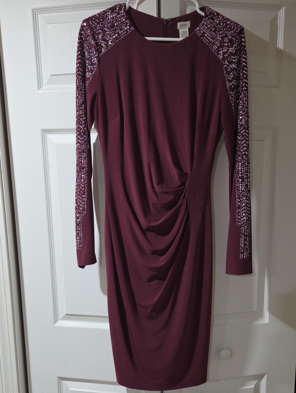 Cache Burgundy Long-Sleeve Ruched Sheath Dress with Beaded Accents